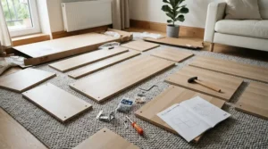 Unboxed flat-pack office cupboards under £150 laid out with assembly tools on a living room floor