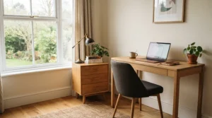 A compact cheap office cupboard positioned neatly beside a small desk in a home study