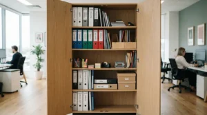 Open doors of office cupboards under £150 revealing neatly arranged files and stationery