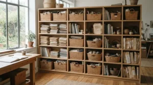 An office cupboard for storage outfitted with woven storage baskets for managing loose cables and accessories.