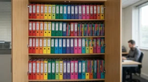A neatly colour-coded stationery cupboard for office document archiving and filing.