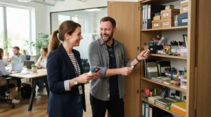 Employees accessing shared office supplies inside a large stationery cupboard for office teams.