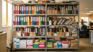 An organised stationery cupboard for office use stocked with neatly arranged folders and notebooks.
