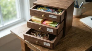 Close up of small item organisation within a stationery cupboard for office desktop accessories.