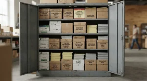 A heavy-duty stationery cupboard for office supply rooms holding bulky paper reams.