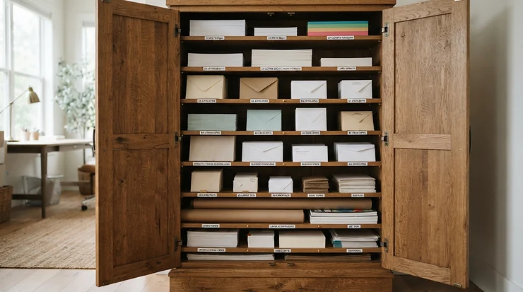 A stationery cupboard for office environments featuring adjustable internal compartments for paperwork.