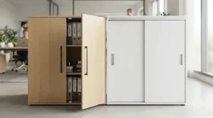 Examining door style differences in a stationery cupboard vs stationery cabinet layout in a workplace.