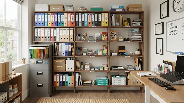 Workplace organisation setup showing a stationery cupboard vs stationery cabinet for business use.