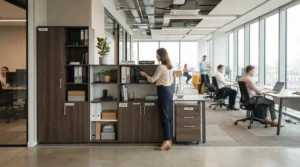 Evaluating storage capacity vs footprint using a tall cabinet vs low cabinet for office storage setup in a busy firm.