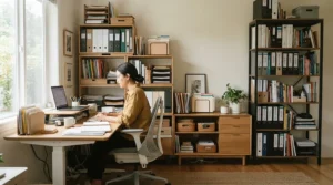 A cramped corporate workspace demonstrating tall cabinet vs low cabinet for office storage options to maximise vertical space.