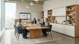 Balancing room proportions with a tall cabinet vs low cabinet for office storage in an executive boardroom.