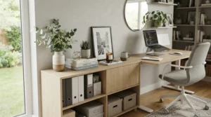 Examining surface usability and shelving capacity in a tall cabinet vs low cabinet for office storage layout.