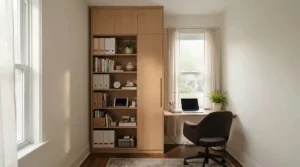 A tall vertical cupboard for small office space maximising narrow wall height