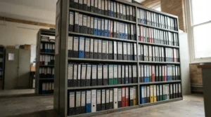 A tall office cupboard for storage packed with archived financial ledgers and lever arch files.