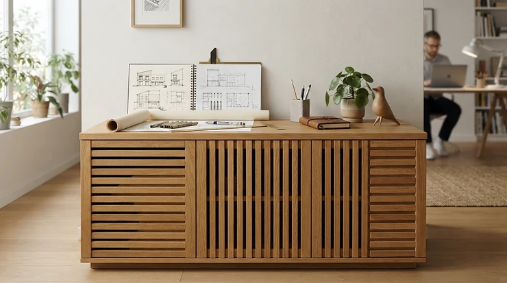 A stylish wooden-finish tambour cupboard for office use situated inside a creative design studio