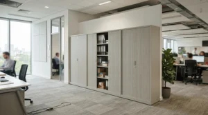 Multiple commercial-grade tambour cupboard for office storage units lining a brightly lit corporate floor