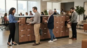A shared tambour cupboard for office hot-desking areas providing secure personal locker storage