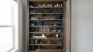 A secure tambour cupboard for office hardware storage holding cables and peripherals in a quiet corner