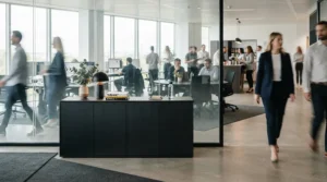 A sleek tambour cupboard for office environments styled in a contemporary open-plan Manchester headquarters