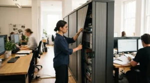 A compact tambour cupboard for office interiors fitted neatly into a narrow corridor in a London workspace