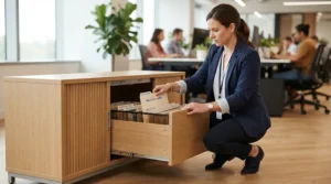 A space-saving tambour cupboard for office layouts positioned next to a standard executive desk