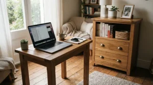 A stylish wooden cupboard for small office space in a light oak finish